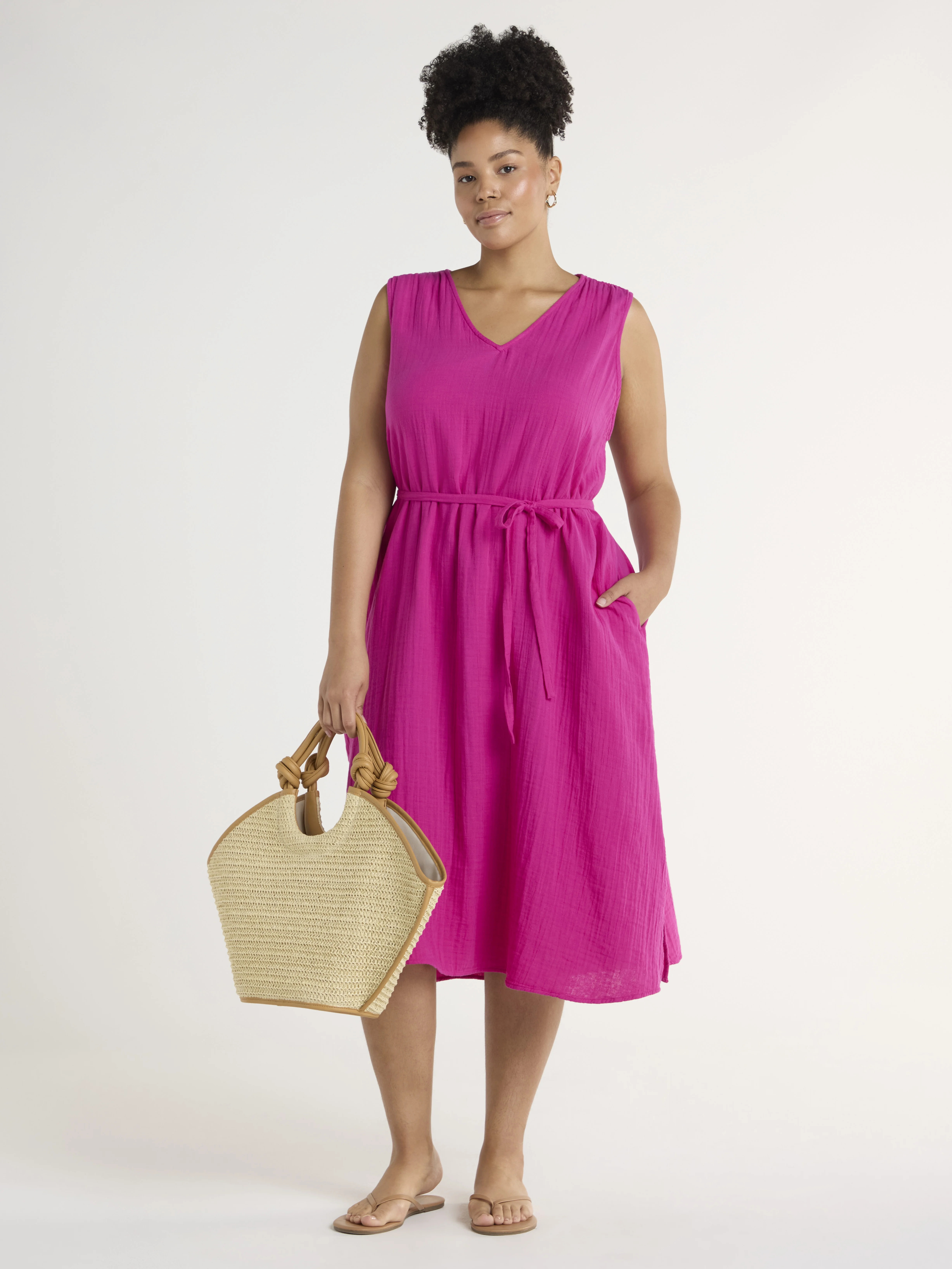 Time and Tru Women's and Women's Plus Cotton V Neck Midi Dress, Sizes XS-4X | Walmart (US)