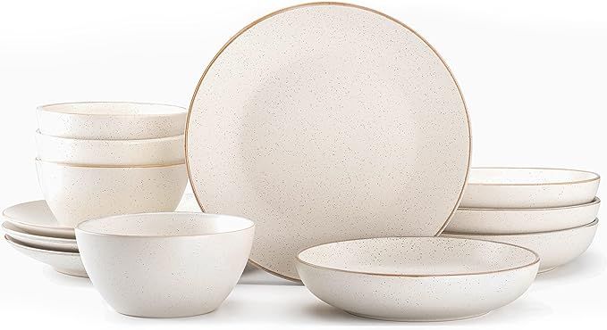 Riverside 12-Piece Dinnerware Set for 4 - Hand Crafted Plates and Bowls Dish Set, Ceramic Stonewa... | Amazon (US)