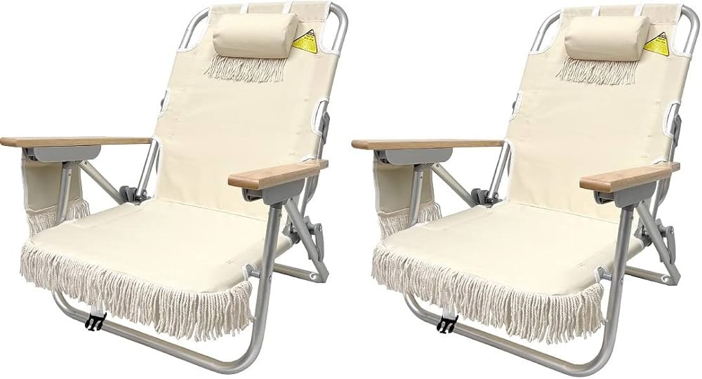 Tassel Backpack Beach Chair 5 Positions and Cup Holder Pouch on Side-Padded Pillow-Storage Bag on... | Amazon (US)