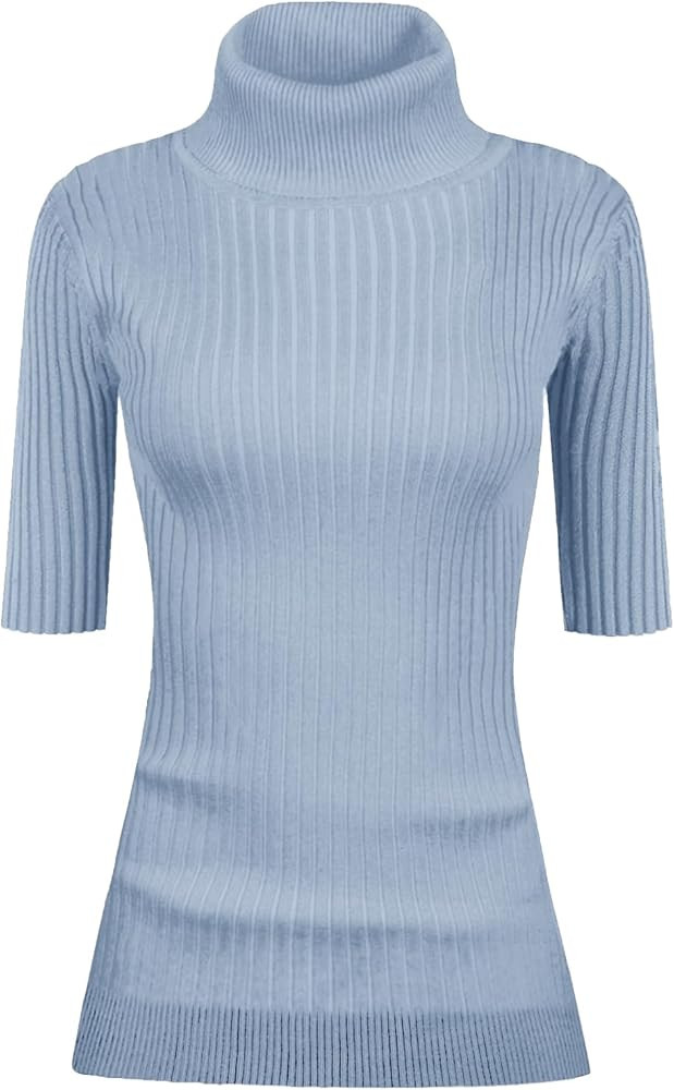 v28 Women Turtleneck 1/2 Half Sleeve Highly Stretchy Ribbed Knit Fitted Sweater | Amazon (US)