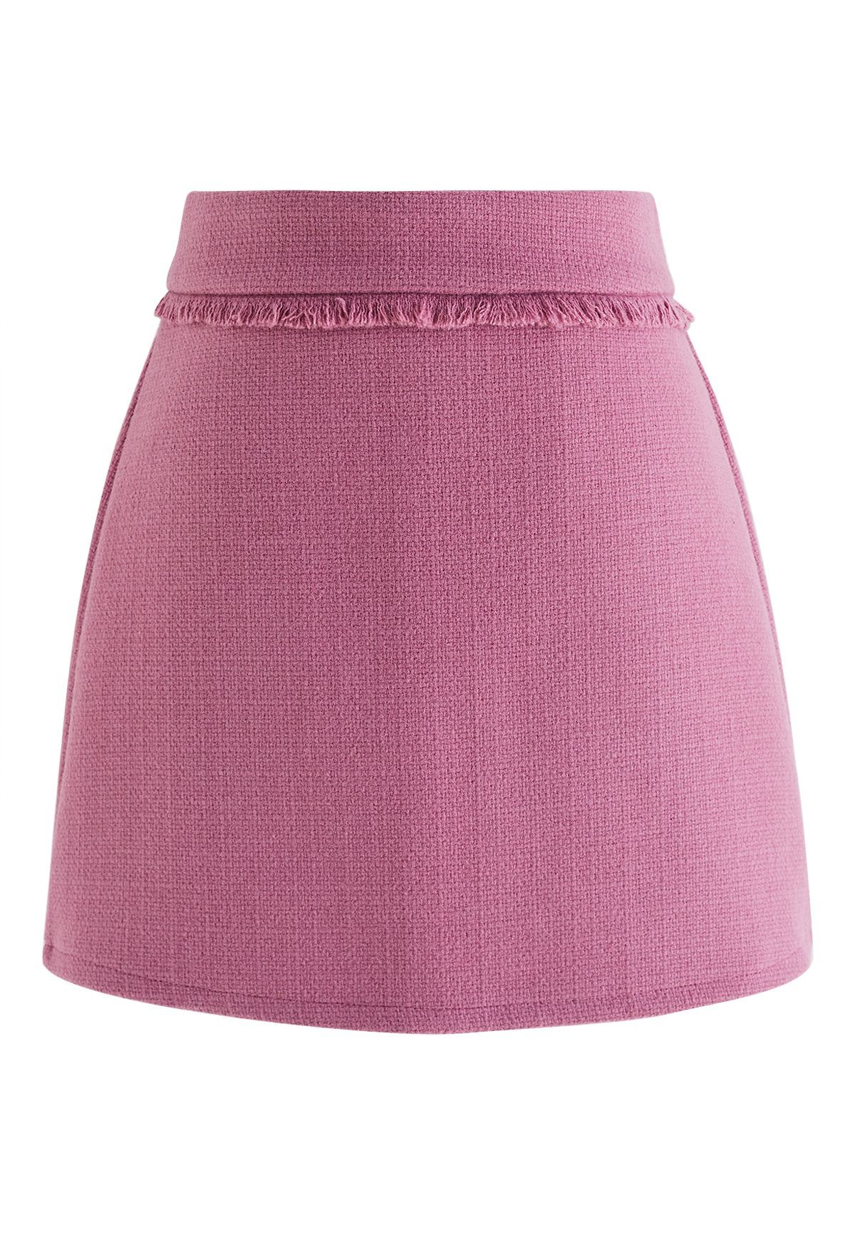 Fringe Trim Tweed Mini Bud Skirt in Pink | Chicwish