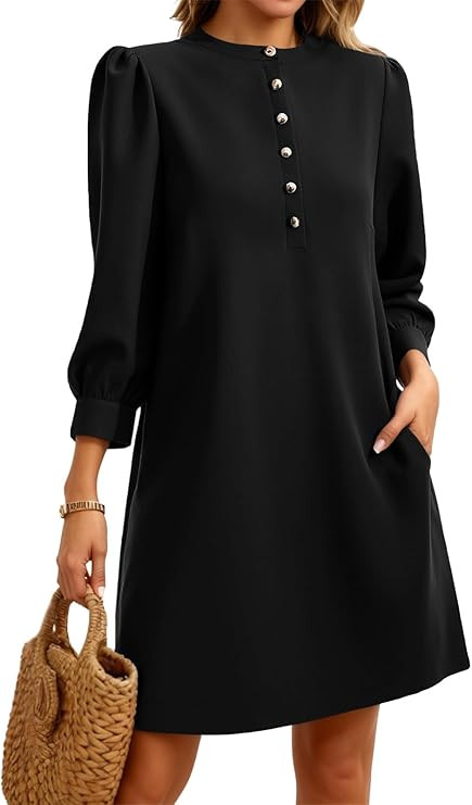 Wenrine Womens 3/4 Puff Sleeve Mini Dress Button Crewneck Elegant Casual Business Shift Dresses 2... | Amazon (US)