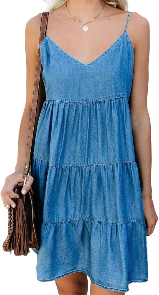 Cosygal Women's Summer Loose Floral Leopard Backless Spaghetti Strap Tiered Mini Dresses | Amazon (US)