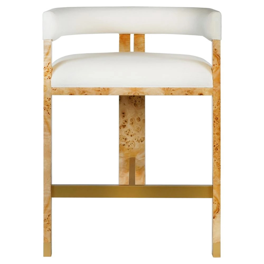 Worlds Away Cruise Mid Century White Upholstered Linen Burl Barrel Counter Stool | Kathy Kuo Home
