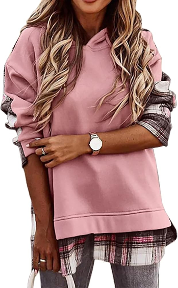 KIRUNDO Women's Hoodies 2022 Fall Long Sleeve Plaid Patchwork Hooded Sweatshirts Casual Color Block  | Amazon (US)