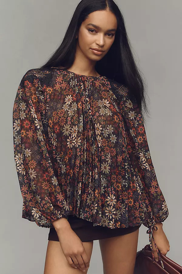 Farm Rio Long-Sleeve Sheer Pleated Blouse | Anthropologie (US)