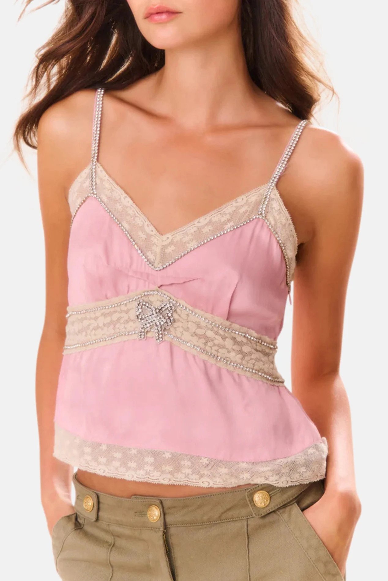 Laticia Embellished Satin Top Ash Pink | Blue & Cream