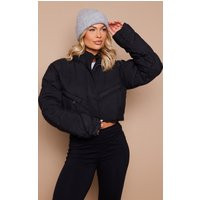Black Peached Shell Zip Front Oversized Cropped Puffer Jacket | PrettyLittleThing US