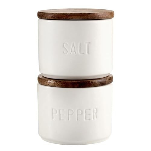 Santa Barbara Design Studio Ceramic Salt and Pepper Bowls Stackable Salt Pepper Container with Acacia Wood Lids, Set of 2, White | Amazon (US)