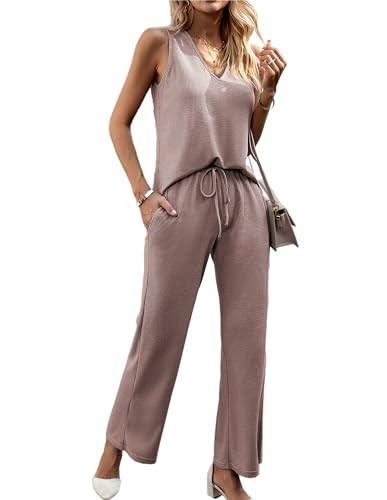 Kate Kasin Womens 2 Piece Outfits Lounge Sets Ribbed Knit Sleeveless Summer Pajamas Sets with Pockets | Amazon (US)