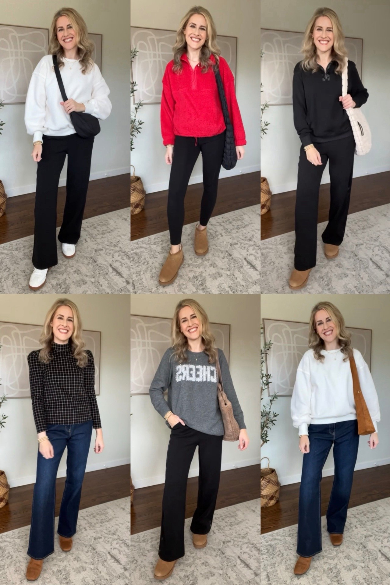 Weeks worth of Walmart winter mix and match outfits! Wide leg pants are fleece lined, satin ribbon detail along the sides. Fit true to size, I’m a small. I sized up to medium in the fringe sweater and the reverse fleece sweatshirt and the red fleece pullover. Small in the corduroy blouse (runs short in the torso and sleeves; next time I’d size up to medium). Cheers sweater is size 0X. #walmartfashion 

#LTKOver40 #LTKFindsUnder100 #LTKFindsUnder50