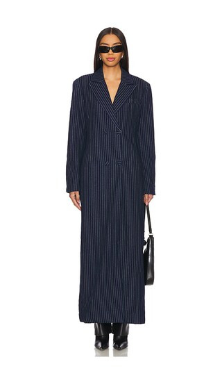 Quinn Fitted Maxi Blazer Coat in Tex Denim Jacquard Pinstripe | Revolve Clothing (Global)