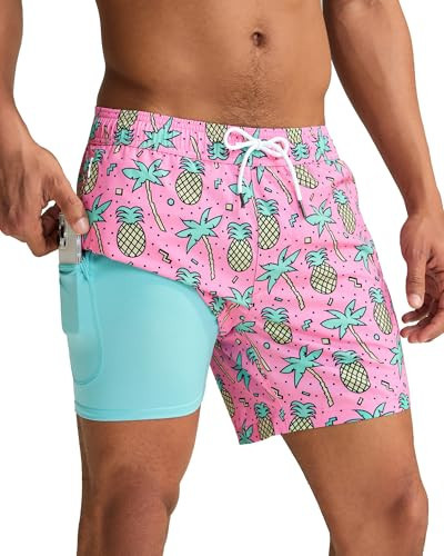 maamgic Mens Swim Trunks with Compression Liner 5 Inch, Quick Dry Bathing Suit with Zipper Pockets, Stretch No-Chafing Swim Shorts, Pink-Palm Pineapple Medium | Amazon (US)