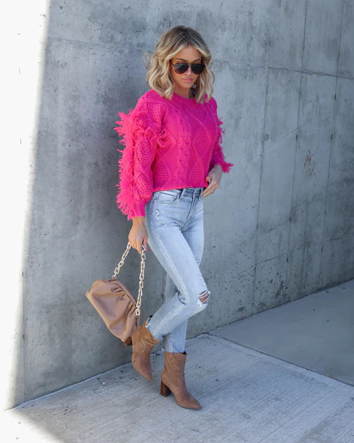 Sun Goes Down Cable Knit Fringe Pullover Sweater - Magenta - FINAL SALE | VICI