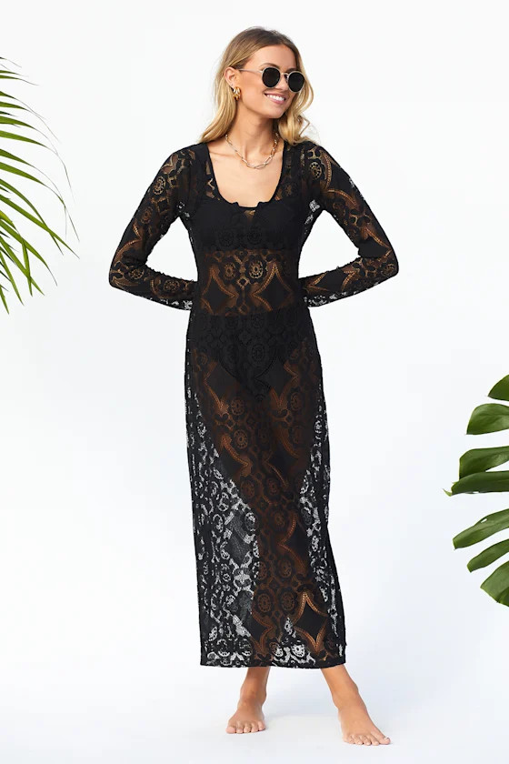 Sunny Sands Black Lace Long Sleeve Swim Cover-Up | Lulus