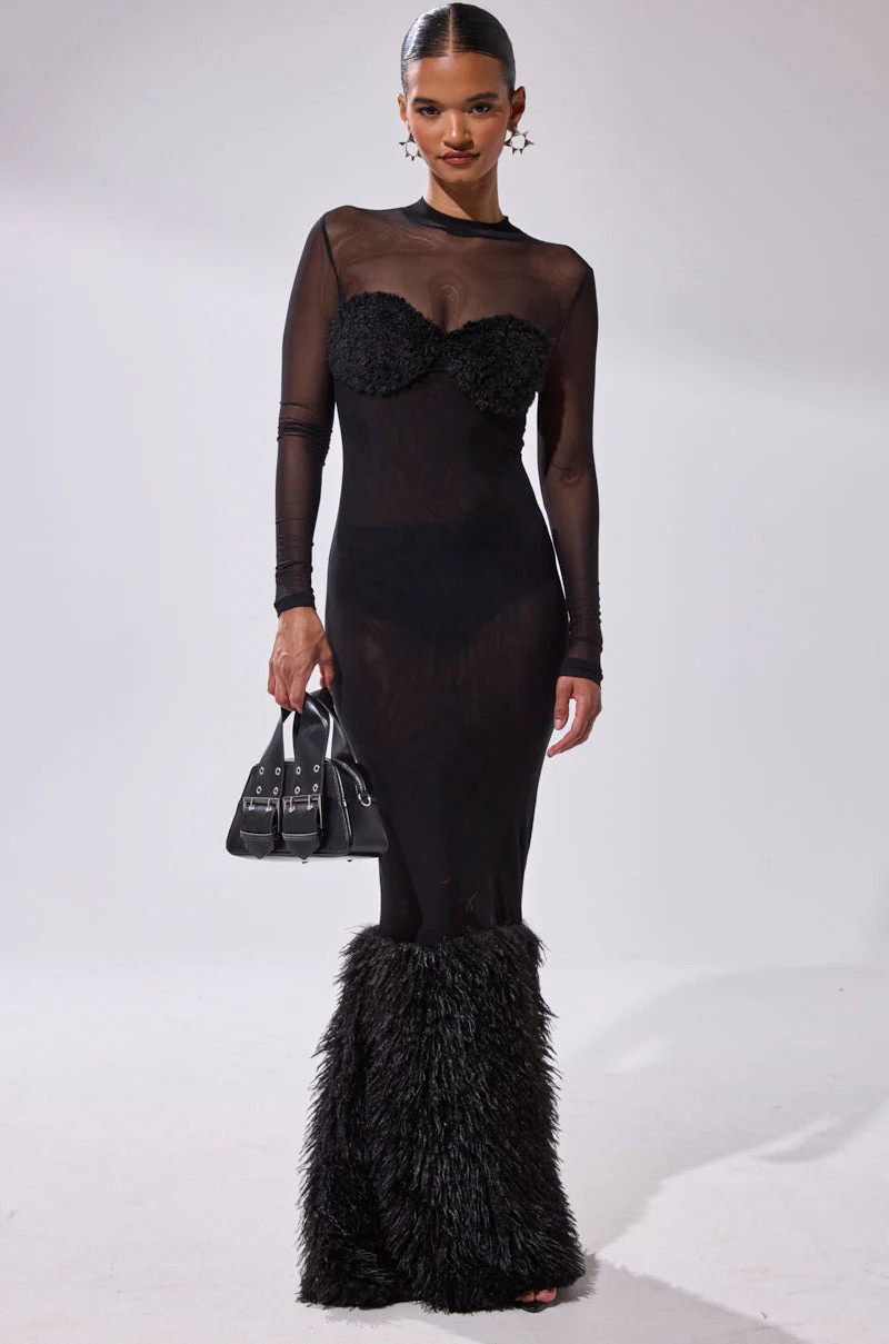 RUNAWAY BRIDE MESH FUR MAXI DRESS | AKIRA