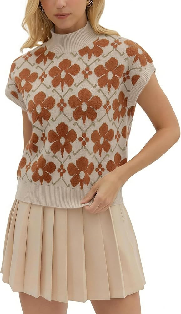 APAFES Women's Floral Sweater Vest Mock Neck Cap Sleeve Loose Fit Knit Vest Soft Casual Pullover ... | Amazon (US)