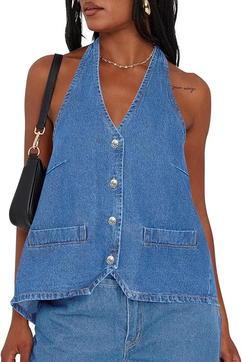 Tankaneo Womens Halter Denim Vest Tops Summer Sleeveless Open Back Y2K Going Out Jean Tank Tops V... | Amazon (US)
