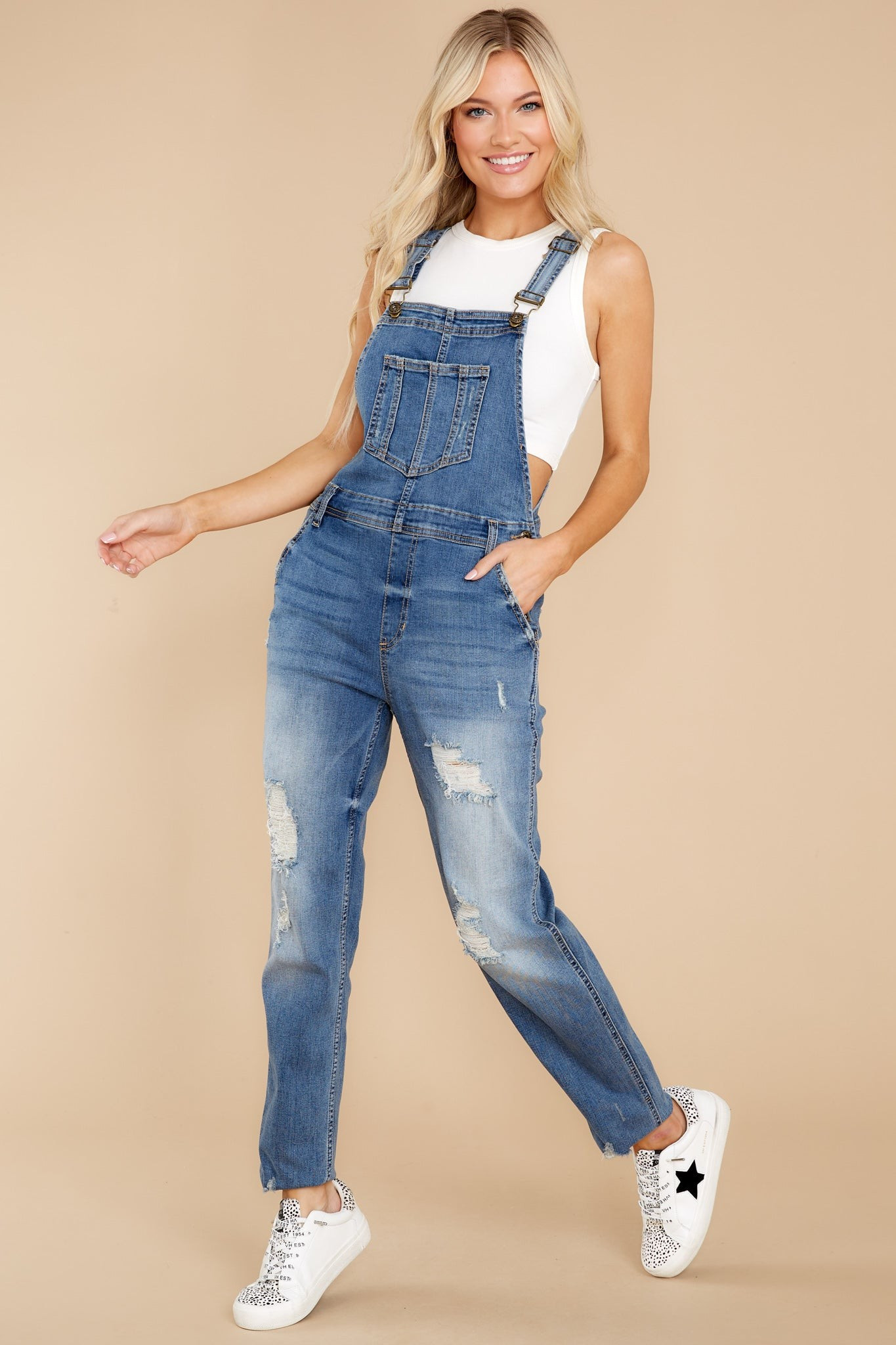 Daring Style Medium Wash Distressed Denim Overalls | Red Dress 