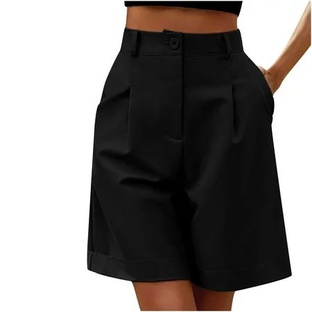 Hfyihgf Womens Bermuda Shorts Casual Button High Waist Wide Leg Shorts Knee Length Solid Color Summe | Walmart (US)