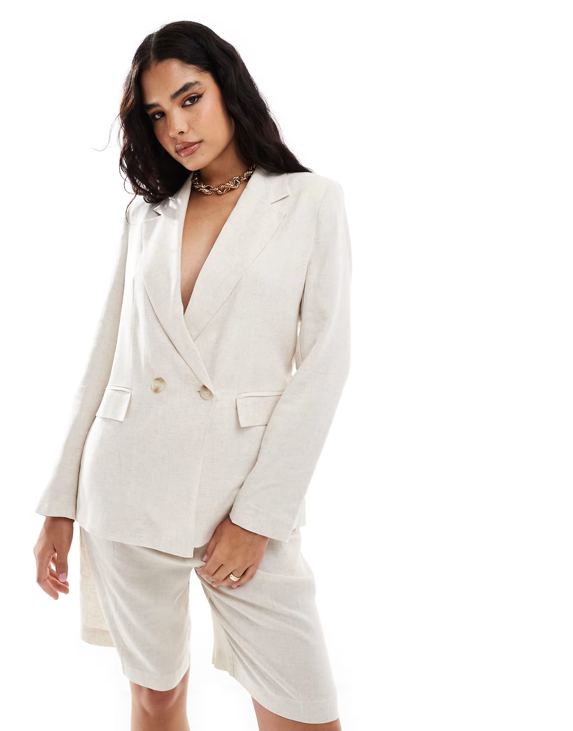 Pull&Bear oversized rustic linen blazer in ecru - part of a set | ASOS (Global)