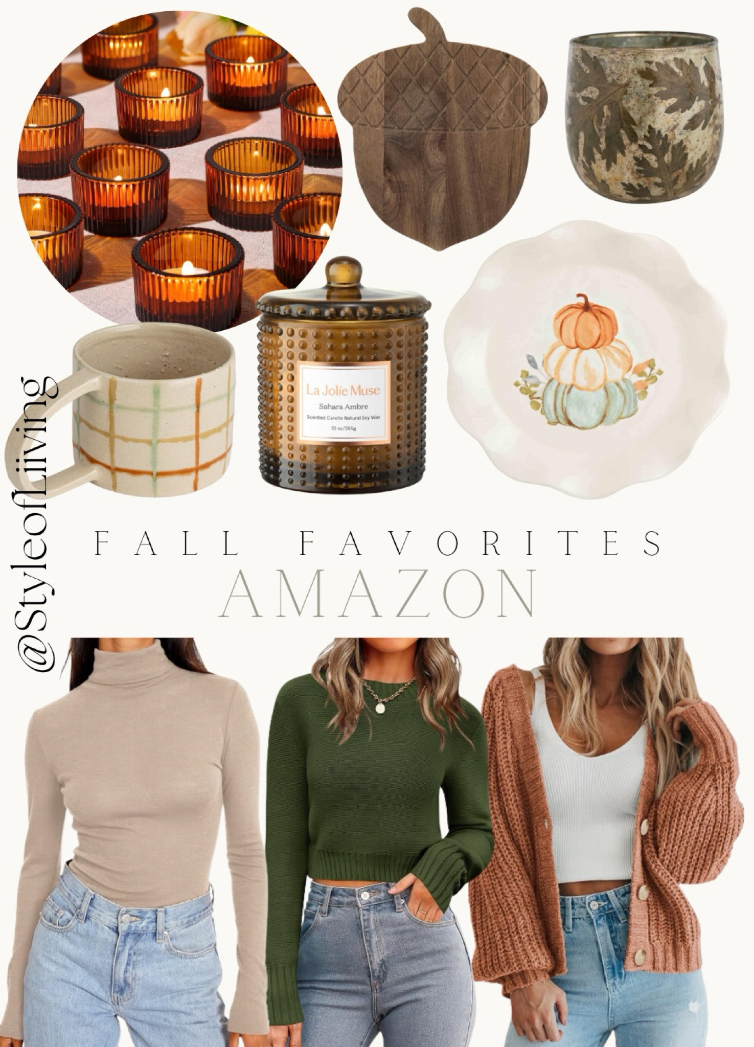 Fall fashion and home decor. Sweaters, socks, mugs, glass votive candle holders, candles, outerwear cardigans, wood serving cheese board acorn shaped, dinner plates. #amazonfashion #amazonhome #fallfavorites2024

#LTKSeasonal #LTKStyleTip #LTKHome