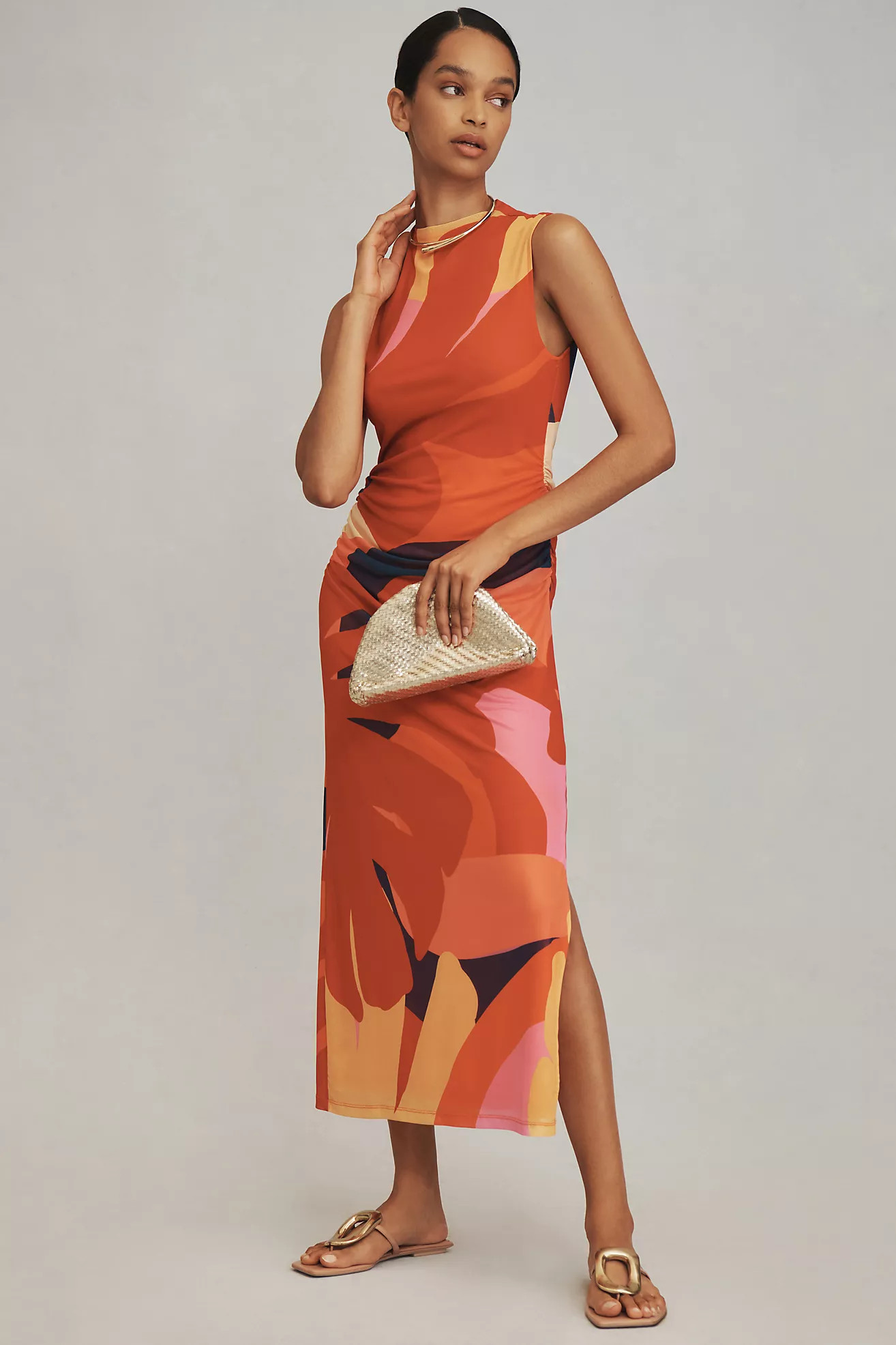 Farm Rio Sleeveless Ruched Mesh Midi Dress | Anthropologie (US)