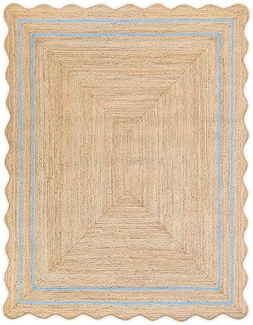 Wave Scalloped Natural Jute Rug Boho Jute Rug Entryway Runner Rug Farmhouse Scallop Rug, Sky Blue... | Amazon (US)