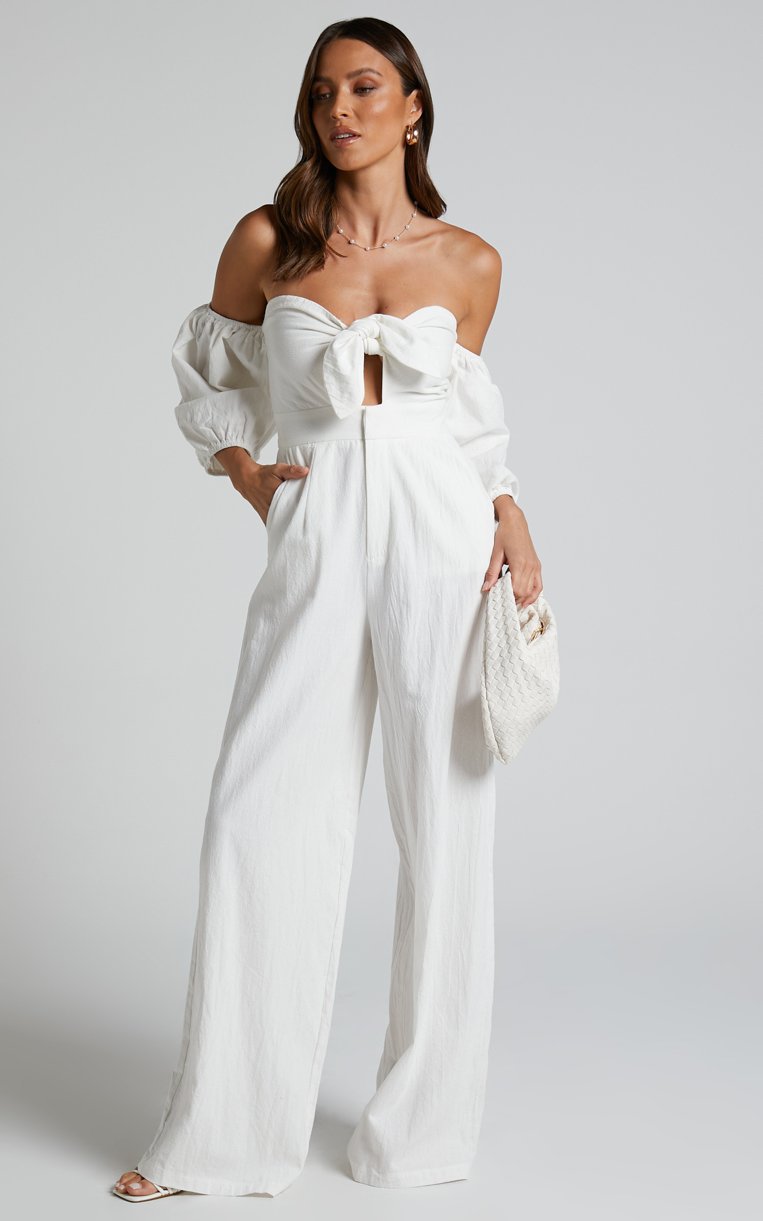 Maja Front Tie Off Shoulder Jumpsuit in Off White | Showpo (US, UK & Europe)