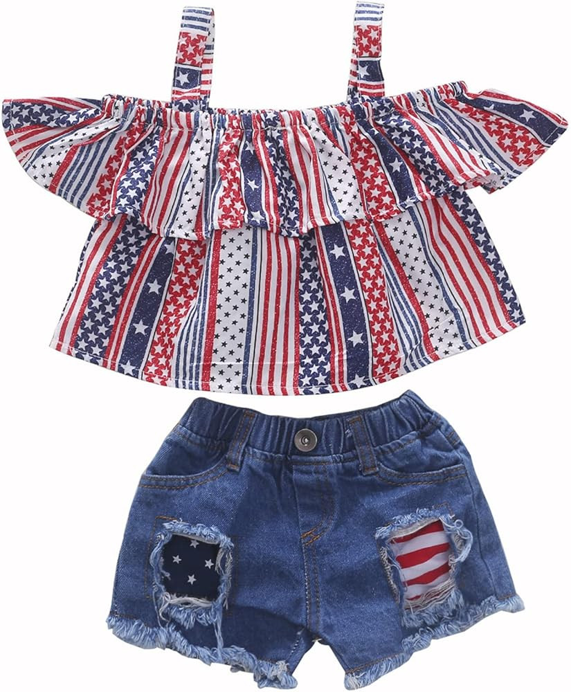 QLIPIN 4th of July Toddler Girl Outfit American Flag Shirt and Ripped Denim Shorts Baby Girl Patr... | Amazon (US)