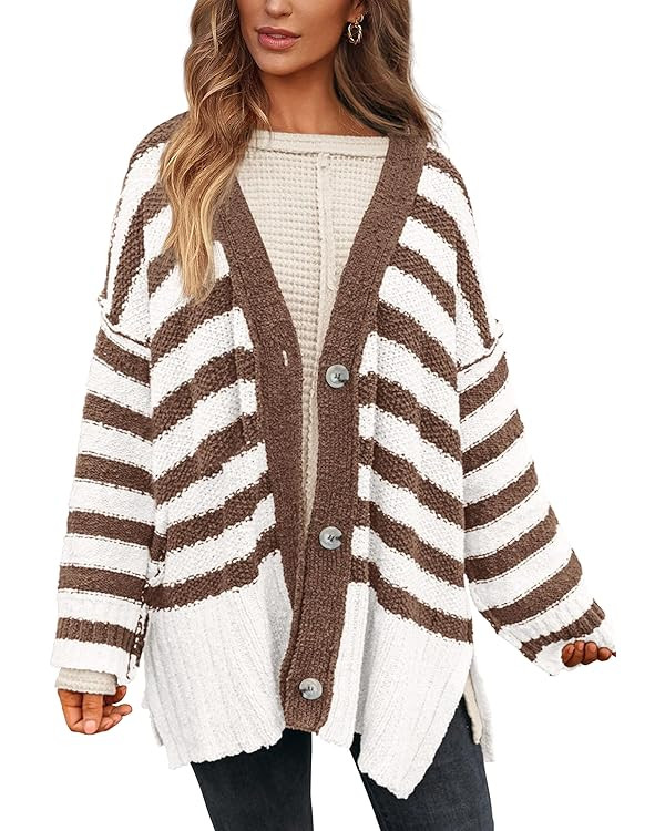 PRETTYGARDEN Women's Striped Cardigan Sweaters Long Sleeve Button Down Chunky Knit Oversized Fall... | Amazon (US)