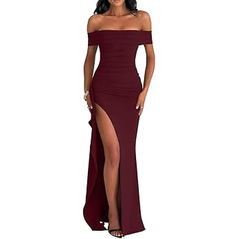LAGSHIAN Women's Elegant Bodycon Off Shoulder Sleeveless High Split Ruched Long Formal Evening Dr... | Amazon (US)
