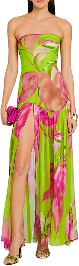 2024 Womens Floral Tube Dress Mesh Patchwork Strapless Dress Leopard Print High Slit Maxi Dress Y... | Amazon (US)