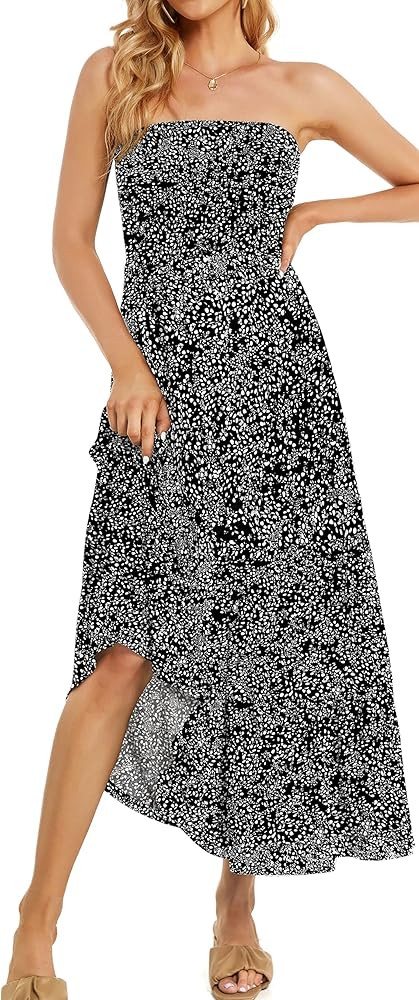 Women Sun Dress Boho Beach Off Shoulder Maxi Spring Strapless Ruffled Loose Printed Long Party Co... | Amazon (US)