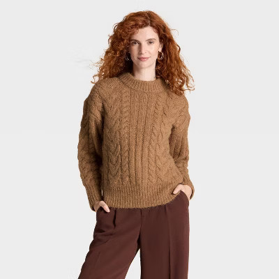 Women's Cabled Sweater - A New Day™ Heather Brown M | Target