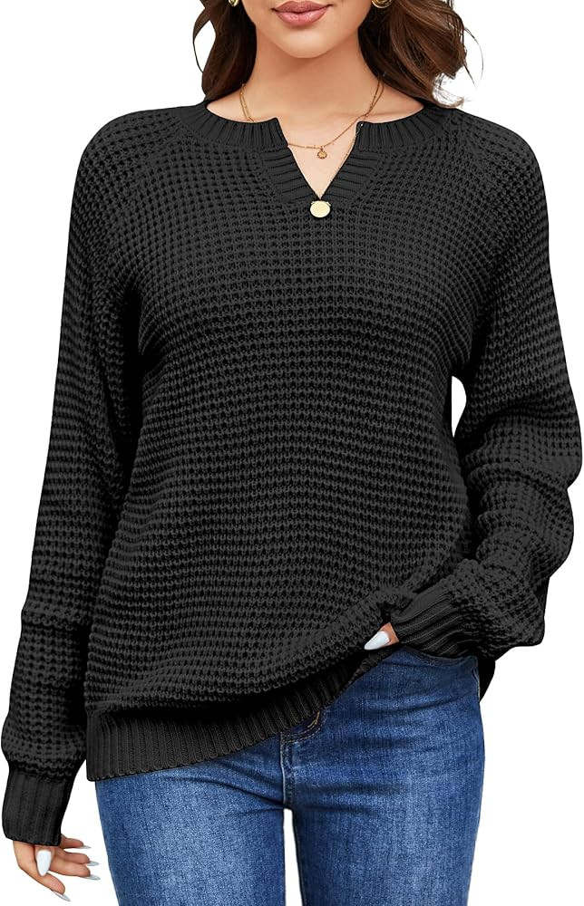 Womens Sweaters Casual Long Sleeve Waffle Knit V Neck Fall Trendy Crochet Ribbed Warm Pullover Sw... | Amazon (US)