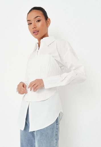 Missguided - White Poplin Corset Overlay Oversized Shirt | Missguided (US & CA)
