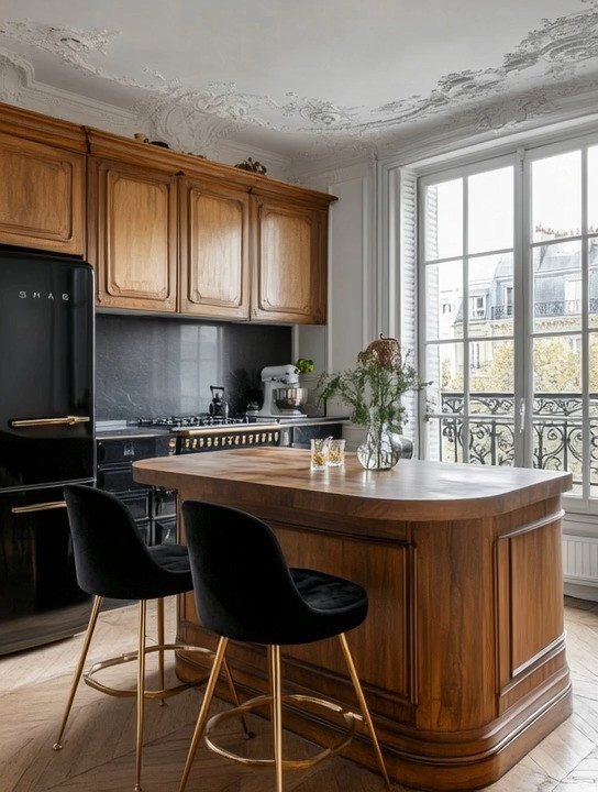 Create a Persian-inspired breakfast bar right at your wooden kitchen table—even if your kitchen didn’t come with one. A solid wood island, paired with black velvet bar chairs, black appliances, and subtle gold accents, instantly brings depth, warmth, and old-world elegance into a modern kitchen. The mix of rich wood tones, matte black finishes, and brass details feels timeless, luxurious, and beautifully grounded. This setup works in apartments, condos, and houses alike and proves that a breakfast bar isn’t about size—it’s about intention, materials, and contrast.

persianinspiredkitchen
breakfastbardesign
modernluxurykitchen 

 #LTKHome