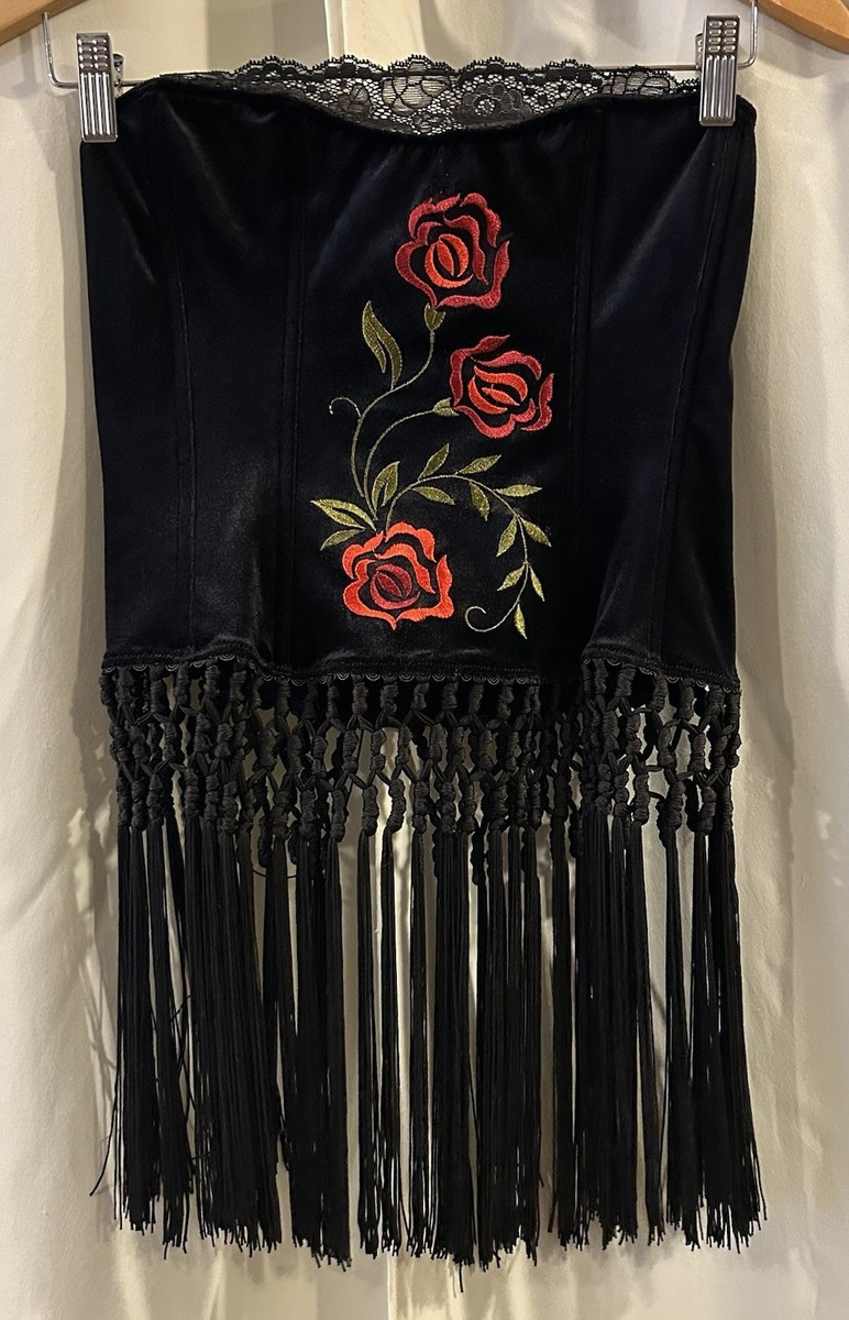 Vintage Victoria's Secret Black Velvet Rose Embroidered Fringe Corset RARE Sz M | eBay US