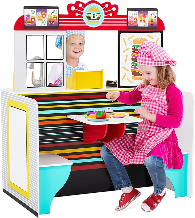 Lil' Jumbl Double-Sided Restaurant Playset for Kids, Wooden Pretend Diner Set, Kitchen Set with C... | Amazon (US)