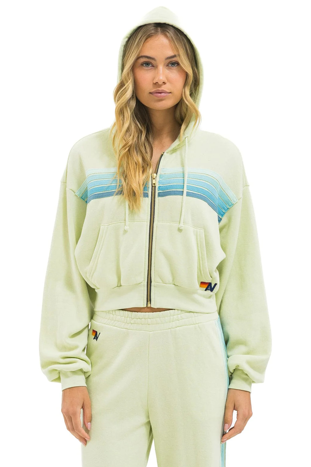 5 STRIPE CROPPED ZIP HOODIE RELAXED - LIME CREAM // SEAFOAM | Aviator Nation
