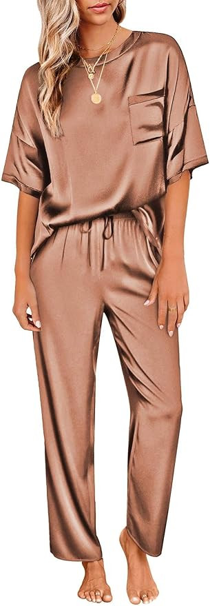 Ekouaer Womens Satin Silky Pajama Set Short Sleeve Shirt with Long Pajama Pant Set Soft PJ Lounge... | Amazon (US)