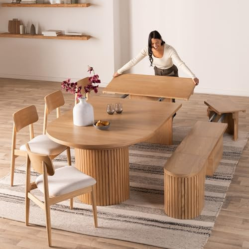 Transformer Table - Solid Wood Extendable Round Dining Table Set with Bench and 4 Chairs, Seats 4-10, Expandable Round Dining Set, Natural (Table + Bench + 4 Chairs) | Amazon (US)