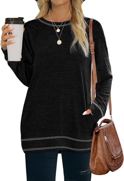 Bofell Womens Sweatshirts Crewneck Long Sleeve Shirts Casual Tunic Tops with Pockets S-2XL | Amazon (US)