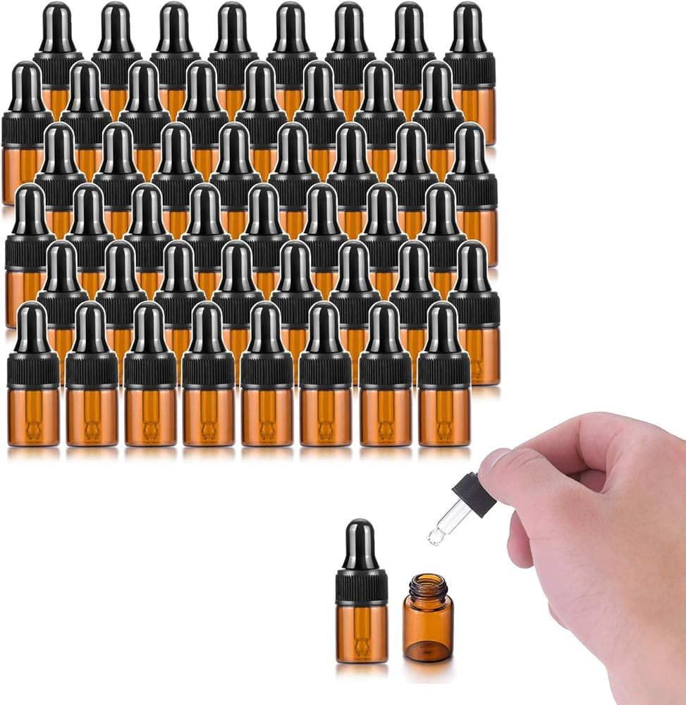 50 Pack, 2ml Amber Glass Dropper Vial for Essential Oils, Empty Eye Dropper Bottle With Black Scr... | Amazon (US)