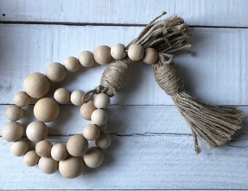 Farmhouse Decor, Wood Bead Garland with Tassels, Bead Garland, Wood Bead Strands, Wood Bead Garla... | Etsy (US)