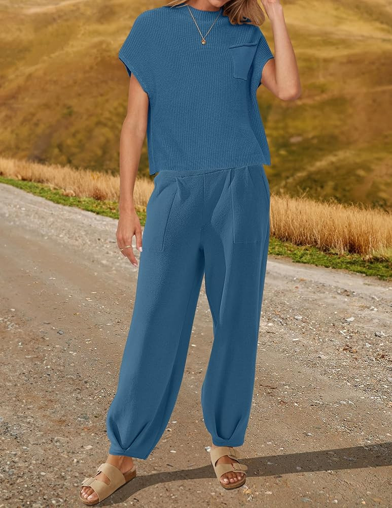 ZESICA Women's 2 Piece Outfits Sweater Set Short Sleeve Mock Neck Knit Pullover Top High Waist Pant  | Amazon (US)