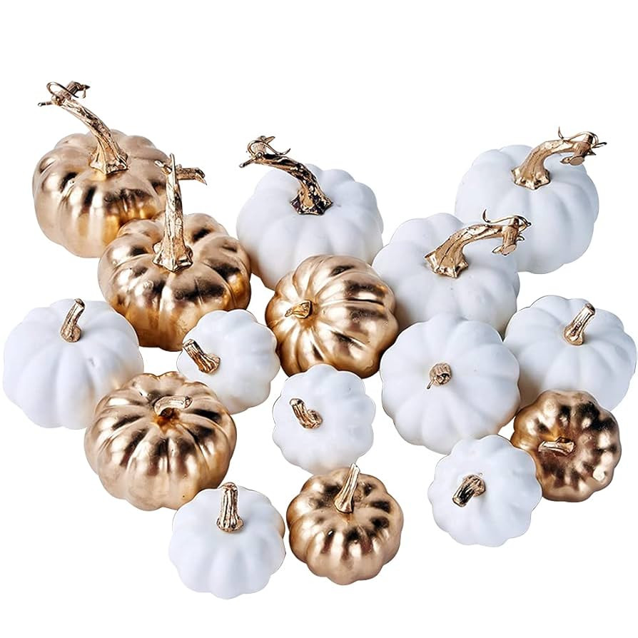 Artmag 16 Pcs Assorted Fall Artificial Pumpkins Harvest White Faux Pumpkins and Gold Plating Pump... | Amazon (US)