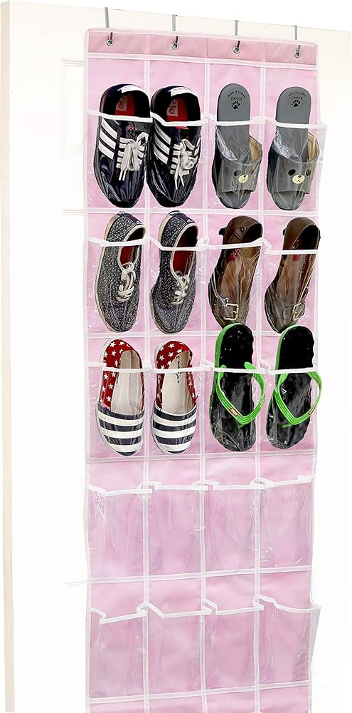 24 Pockets - SimpleHouseware Crystal Clear Over The Door Hanging Shoe Organizer, Pink | Amazon (US)