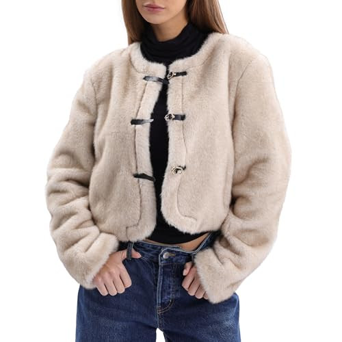 Amazhiyu Women's Faux Fur Cropped Coat with Leather Belt Detail Winter Jacket | Amazon (US)
